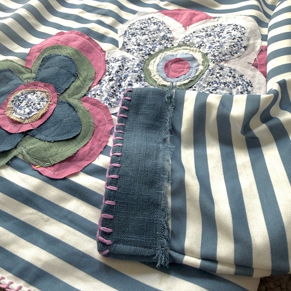 Boho Striped Floral Patch Top Oversized Ice Blue White Raw Edge Hand Stitch M/L - Picture 12 of 12